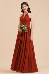 Rust Halter Long Chiffon Bridesmaid Dress On Sale-27dress